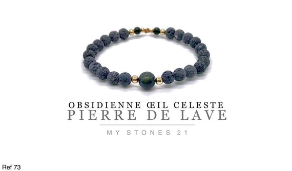 Obsidienne oeil celeste/Pierre de lave finition Or 14k