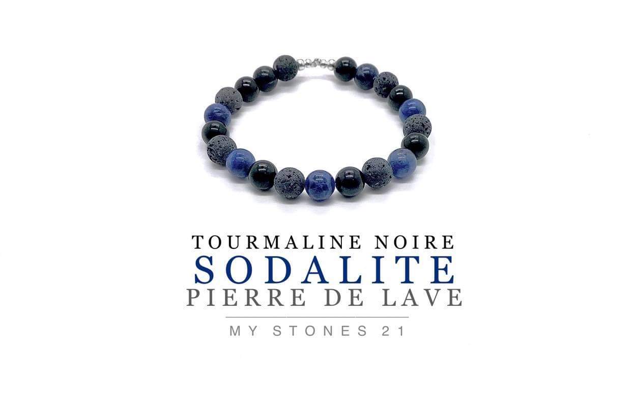 Enfant Tourmaline noire/Sodalite/Pierre de lave finition argent S925