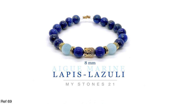 Aigue Marine/Lapis-lazuli Bouddha doré